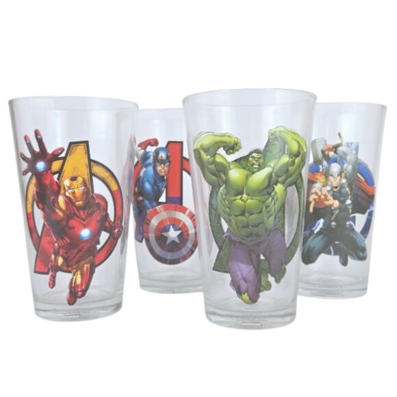 Set of 4 MARVEL AVENGERS Pint Glasses Iron Man Hulk Captain America Thor Comics - Picture 1 of 16